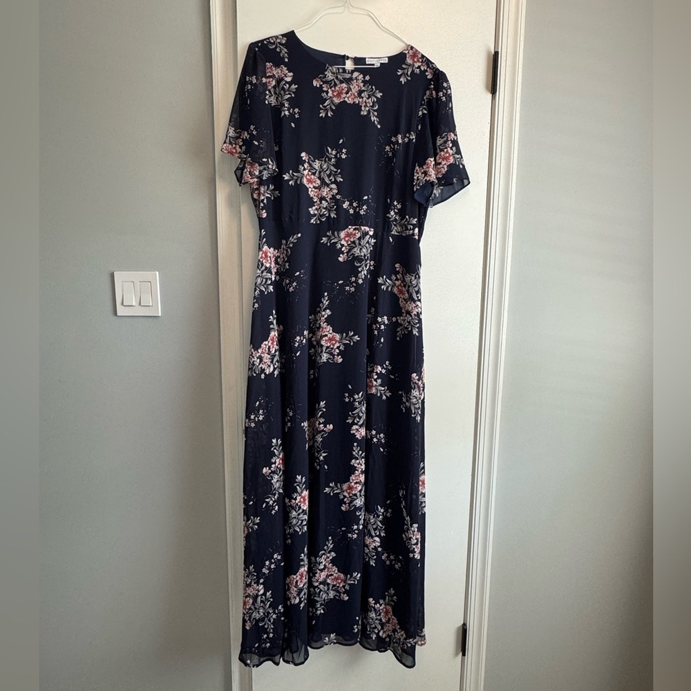 Navy Baltic Born Pink Floral Maxi Dress with Flutter Sleeves